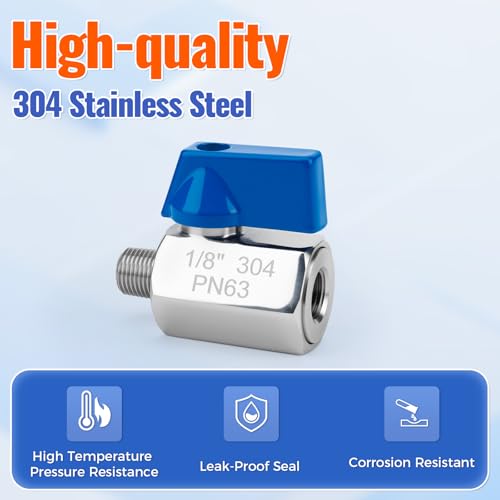 2 Pack 1/8" Mini Ball Valve, 304 Stainless Steel Water Flow Control Male x Female NPT Threaded Shut-Off Drain Valves with Quarter Turn Operation - size: 1/8 Inch