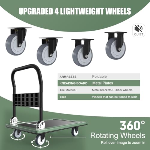 WUD Push Cart, Folding Mobile Platform Trolley,Thickened and Reinforced, 360° Swivel Wheels,35.4 “L x 23.6 ”W, 1100 lb. Green Dolly cart with Wheels