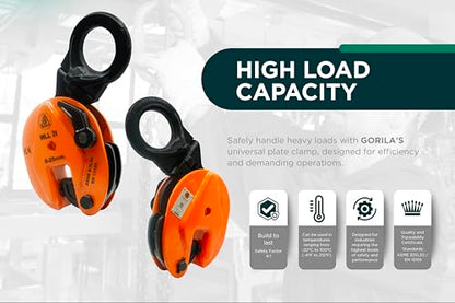 GORILA Vertical plate clamp articulated | 4400lbs / 2 ton | Jaw opening 1 inch / 25mm | Industrial and heavy duty steel plate clamp for lifting and transporting | Safety factor 4:1 | Since 1989 - size: 2t / 4400lbs
