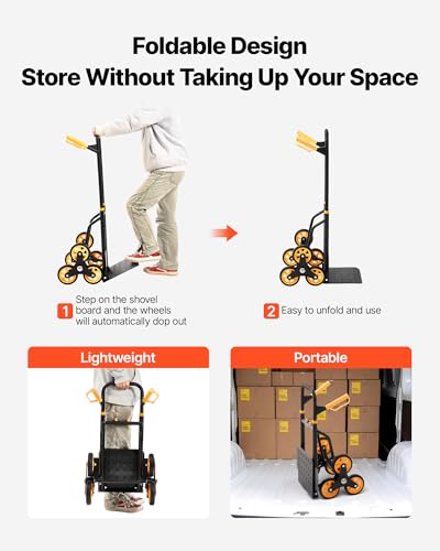 VEVOR Stair Climbing Cart 440 lbs, 330 lbs Stair-Climbing Capacity, Heavy-Duty Folding Trolley Cart with Telescoping Handle, 6 Wheels and 2 Bungee Cords for Home, Groceries, Warehouse - size: 23.6" x 18.1" x 42.9"