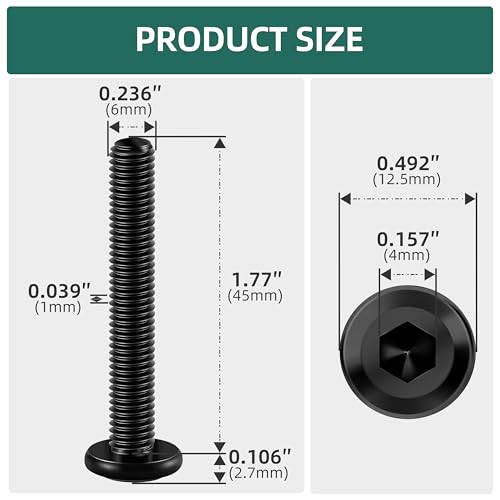 20Pcs M6-1.0 x 45mm Flat Head Socket Cap Screws Bolts 304 Stainless Steel Black Zinc Plated Furniture Bolts, Fully Threaded M6 Bolt with Hex Spanner - size: M6 x 45mm