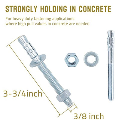3/8 Concrete Anchors, Zinc-Plated Steel Wedge Anchors, 20 Pack - size: 3/8" x 3-3/4"