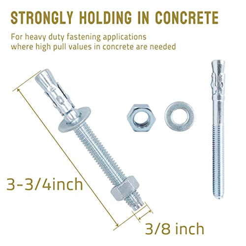 3/8 Concrete Anchors, Zinc-Plated Steel Wedge Anchors, 20 Pack - size: 3/8" x 3-3/4"