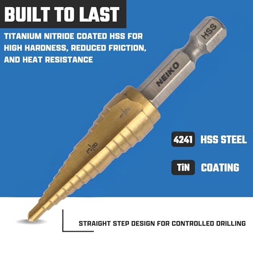 NEIKO 10616A Step Drill Bit, 2 Steps 3/8" to 1/2" Straight High Speed Steel, Titanium Nitride Coated, 1/4" Quick Change Step Bits for Steel, Metal, Wood, Plastic, Unibit Cone Drill Bits, Two Flute - size: #6 (3/8 - 1/2", 2S), style: Straight