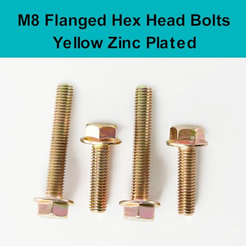 M8 x 16mm 20pcs Flanged Hex Head Bolts, M8 x 1.25 Bolts, Flange Hexagon Head Screws, 8.8 Grade Alloy Steel, Yellow Zinc Plated, Metric Fully Thread - size: M8 x 16mm(20PCS)