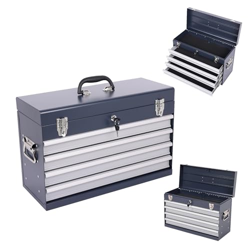 Heavy Duty Metal Tool Box, 21-inch, Portable Metal Tool Box with 4 Drawers, Small Tool Chest with EVA Liners, Ball Bearing Slide Drawers Locking & Powder Coated Finish, Multi-Function Tool Organizer - color: Tool Box-grey