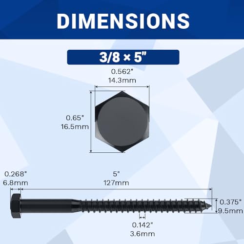 3/8 x 5 Black Hex Head Lag Screws Bolts (8 pcs), 304 Stainless Steel 18/8, Black Oxide Coated, Partial Thread, Deck Screws, Heavy Duty Hex Head Wood Lag Screws, Fayeploo - size: 3/8 x 5"