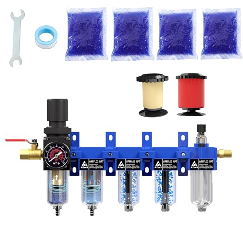 1/4" NPT 5 Stage Air Filter Regulator Lubricator Combo, Air Regulator and Water Separator,Air Compressor Water Separator,5 &0.01Micron Filter Cartridge,Double Desiccant Dryers-Blue - color: 5 Stage, size: 1/4'' NPT