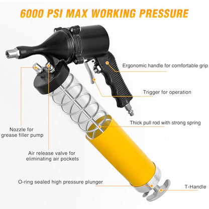 GOOACC Pneumatic Grease Gun 6000 PSI 14oz Heavy Duty Air Operated Grease Gun Kit with 18" Spring Flex Hose Rigid Pipe Coupler Pistol Grip Grease Guns for Automotive Farm Industrial Marine, Yellow 6PCS - size: Pneumatic 14oz Yellow 6PCS