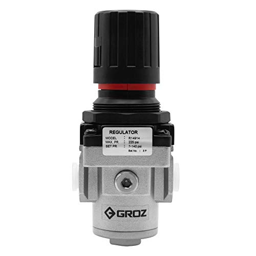 Groz Air Pressure Regulator, Intermediate 1/4" NPT, 56 CFM / 1600 LPM, 7-145 PSI Adjustable, 220 PSI Max, ISO 6953-1, Aluminum Die-Cast Press-to-Lock Knob for Pneumatic Tools and Compressors (60052)