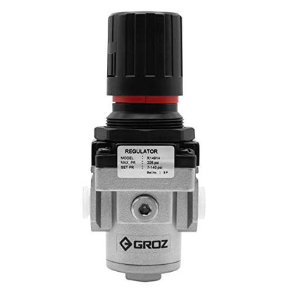 Groz Air Pressure Regulator, Intermediate 1/4" NPT, 56 CFM / 1600 LPM, 7-145 PSI Adjustable, 220 PSI Max, ISO 6953-1, Aluminum Die-Cast Press-to-Lock Knob for Pneumatic Tools and Compressors (60052)