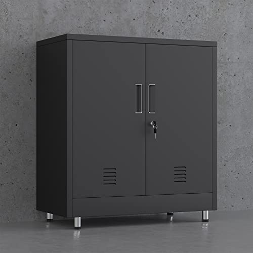 JINGUR Metal Storage Cabinet with Locking Doors and Adjustable Shelf, Small Lockable Sideboard Buffet Cabinet for Home Office Hallway Entryway Living Dining Room (Black) - color: Black