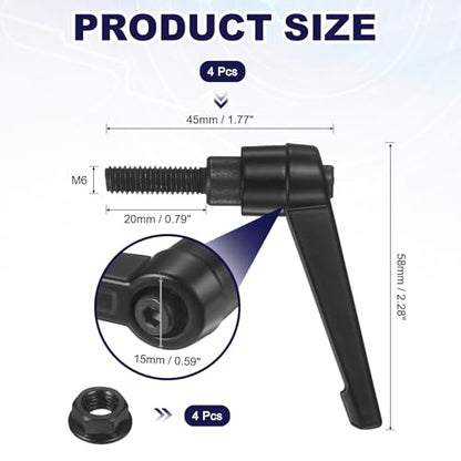 uxcell 4Pcs Adjustable Clamping Lever Handles, M6x20mm Zinc Alloy Male Thread Stud Knobs with Nuts Quick Release Bolt Rotating Screw Handles for Lathes Woodworking, Black - size: M6x20mm