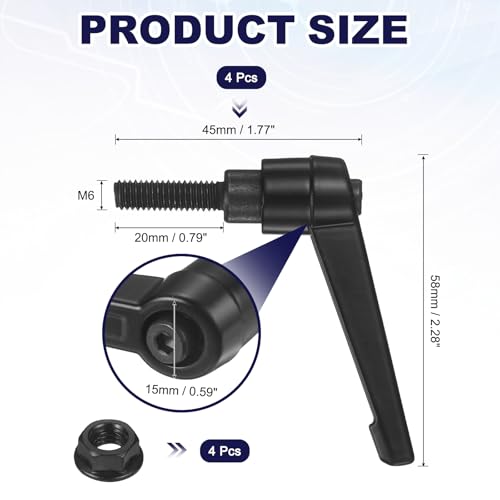 uxcell 4Pcs Adjustable Clamping Lever Handles, M6x20mm Zinc Alloy Male Thread Stud Knobs with Nuts Quick Release Bolt Rotating Screw Handles for Lathes Woodworking, Black - size: M6x20mm