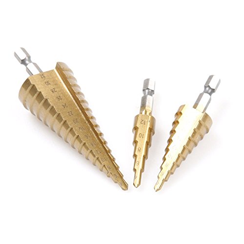 3 Pcs Hex Shank HSS Titanium Coated Step Drill Bits Set for DIY Woodworking Tool,4-/12/20/32mm - style: Hex Shank