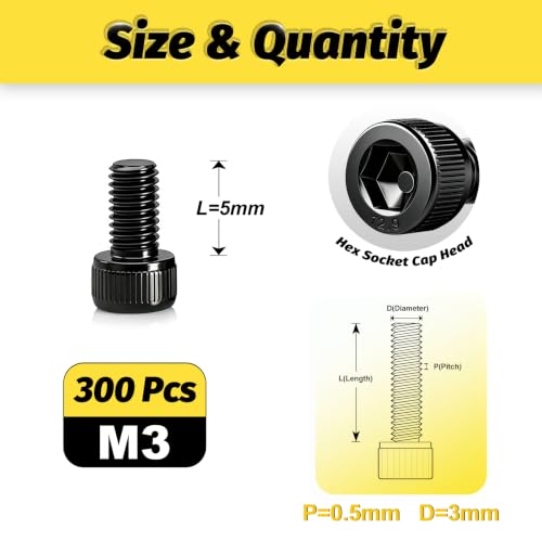 KADRICK 300PCS M3 x 5mm Hex Socket Head Cap Screws, M3-0.5 Fully Threaded - size: M3x5MM 300PCS