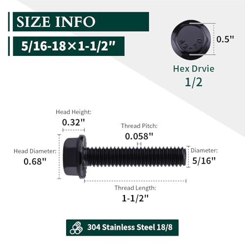 12-Sets 5/16-18 x 1-1/2" Hex Flange Bolts & Flange Nuts Combo Kit with Flat and Lock Washers- 304 Stainless Steel 18/8, Black Coated, for Heavy Duty Applications - size: 5/16-18 x 1-1/2"