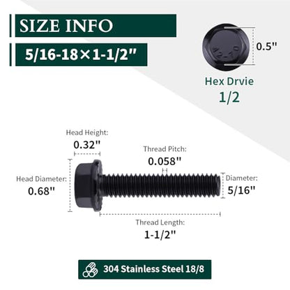 12-Sets 5/16-18 x 1-1/2" Hex Flange Bolts & Flange Nuts Combo Kit with Flat and Lock Washers- 304 Stainless Steel 18/8, Black Coated, for Heavy Duty Applications - size: 5/16-18 x 1-1/2"