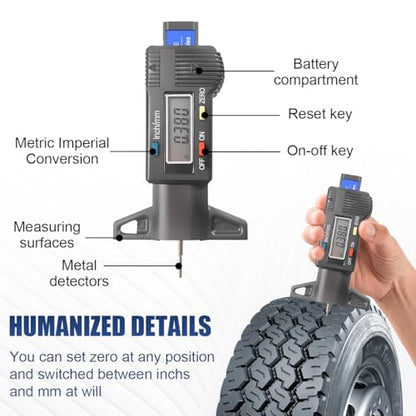 Digital Tire Tread Depth Gauge, Portable 0.01mm Resolution, Black - color: Black