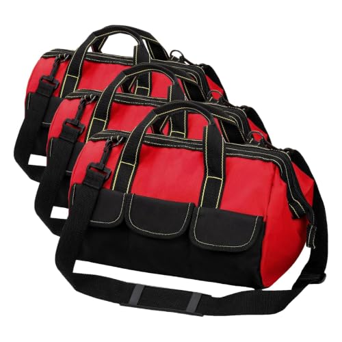 Hiceeden 16 Inch Wide Mouth Tool Bag, Collapsible Tool Tote with Waterproof Coating and Adjustable Strap, Portable Electrician Tool Organizer Handbag with 5 Outside Pockets, Red (Pack of 3) - size: 16.1 x 8.2 x 8.6 inches (Pack of 3)