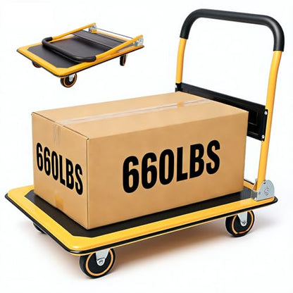 Heavy Duty Foldable Push Cart Dolly with 660 LBS Capacity - Collapsible Platform Truck with Swivel Wheels, Flat Bed Moving Wagon & Space Saving Handles - color: 660lbs-yellow