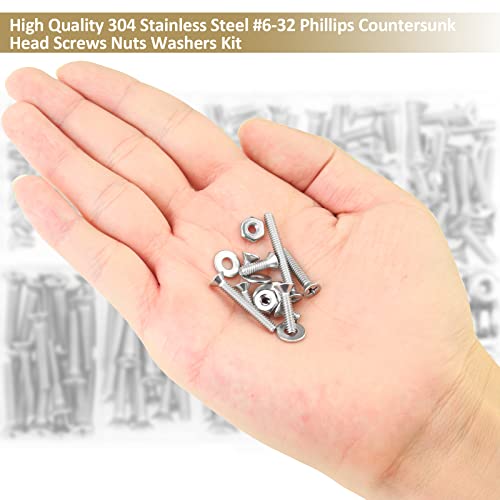 242 Pieces #6-32x 1/4", 5/16", 3/8", 1/2", 5/8", 3/4", 1", 1-1/4", Phillips Countersunk Head Machine Screws Nuts Washers Assortment Kit, 304 Stainless Steel, Fully Machine Thread - size: #6-32