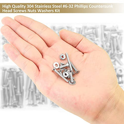242 Pieces #6-32x 1/4", 5/16", 3/8", 1/2", 5/8", 3/4", 1", 1-1/4", Phillips Countersunk Head Machine Screws Nuts Washers Assortment Kit, 304 Stainless Steel, Fully Machine Thread - size: #6-32