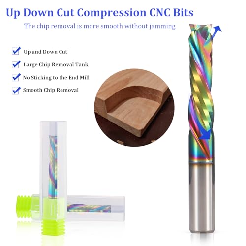 Up Down Compression Spiral Router Bit - 1/4 inch Shank 2-Flute CNC End Mill with DLC Coating, 1" Cutting Length Solid Carbide Compression CNC Bits Milling Cutter for Wood Engraving Grooving (5PCS)