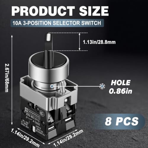 Xuhal 8 Pcs 22mm 3 Position Spst Rotary Selector Switch Self-Locking On/Off - style: 3 Position