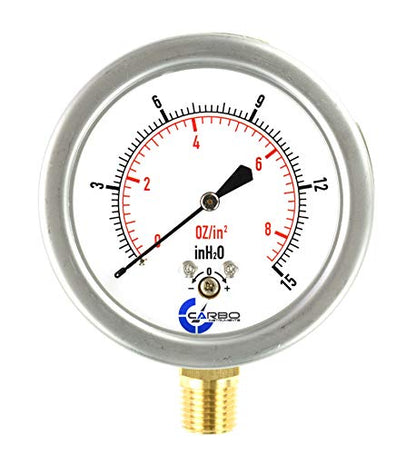 Diaphragm Low Pressure Capsule Gauge, 2-1/2" Dial, 0-8 oz/0-15in H2O Range, 1/4" NPT Lower Mount, Stainless Steel Case, Brass Internals, Adjustable, Dual Scale 8 oz/15 inH2O (IWC) - size: 0-8 oz/0-15in H2O