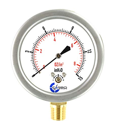Diaphragm Low Pressure Capsule Gauge, 2-1/2" Dial, 0-8 oz/0-15in H2O Range, 1/4" NPT Lower Mount, Stainless Steel Case, Brass Internals, Adjustable, Dual Scale 8 oz/15 inH2O (IWC) - size: 0-8 oz/0-15in H2O