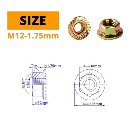 M12-1.75mm Anti-Loosening Serrated Hex Flange Lock Nuts (Yellow Zinc Plated, Full Thread) - 10 Pcs - size: M12-1.75(10PCS)