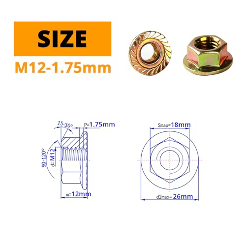 M12-1.75mm Anti-Loosening Serrated Hex Flange Lock Nuts (Yellow Zinc Plated, Full Thread) - 10 Pcs - size: M12-1.75(10PCS)
