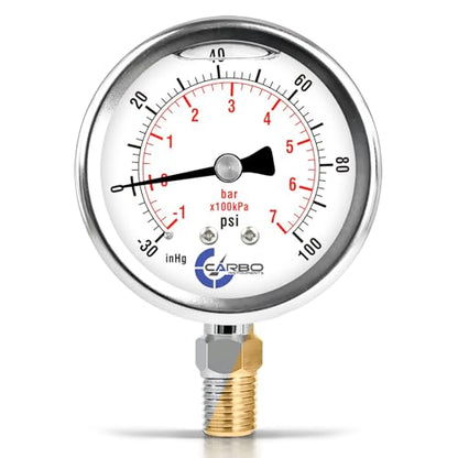 Compound Pressure Gauge -30 inHg to 100 PSI, Liquid Filled, 2.5" Dial, 1/4 NPT Lower Mount, 304 Stainless Steel Case, Brass Wetted Parts, Dual Scale PSI/inHg - ASME B40.1 Grade A - size: -30inHg / 0 / +100Psi, style: STANDARD