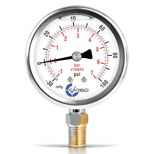 Compound Pressure Gauge -30 inHg to 100 PSI, Liquid Filled, 2.5" Dial, 1/4 NPT Lower Mount, 304 Stainless Steel Case, Brass Wetted Parts, Dual Scale PSI/inHg - ASME B40.1 Grade A - size: -30inHg / 0 / +100Psi, style: STANDARD