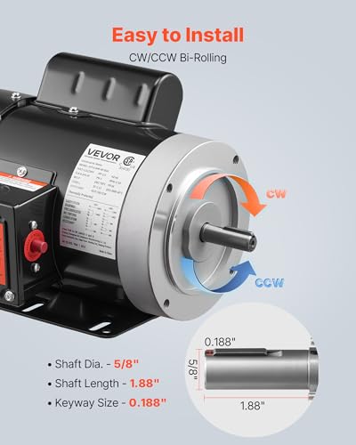 VEVOR 0.5 HP Electric Motor, 1725RPM Air Compressor Motor, CW/CCW Rotation, 5/8 inch Shaft Diameter, 1.88inch Shaft Length, 2.07N.m Torque, Single-Phase, TEFC Cooling, 115V/230V, 56 Frame - size: 0.5 HP Single Phase-1.88 in Shaft Length
