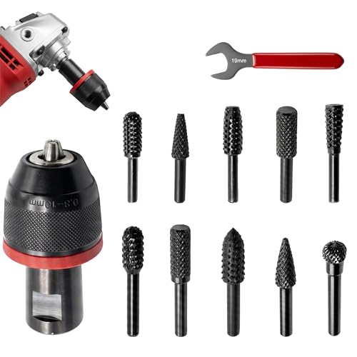 5/8-11 Angle Grinder Keyless Self-Locking Ratchet Drill Chuck, 1/16"-3/8" Clamp Range, 5/8"-11 to 1/2"-20 Arbor Adapter & 10 Pcs Rotary Burrs for Drilling, Grinding, Polishing, Wood & Metal Work