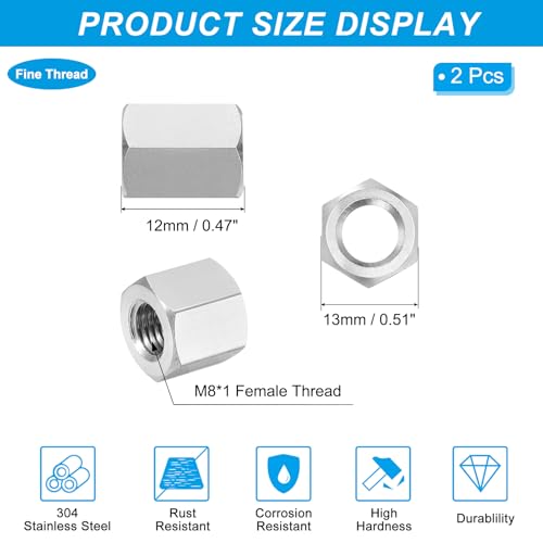 PATIKIL M8x1 Pitch 304 Stainless Steel Hex Coupling Nuts, 2 Pcs 12mm / 0.47" Length Fully Threaded Rod Coupling Nut Studding Connector Fasteners, Silver Tone - size: M8-1 x 12mm