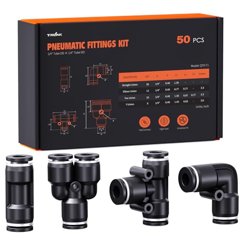 1/4" OD Push to Connect Fittings Kits –50PCS Air Line Connectors with Tee, Straight, Elbow, Splitters, Quick Connect Pneumatic Fittings, Push Lock Air Hose Fittings for Compressor, Air Tools & Tubing - color: 1/4" OD, size: Assorted kit(50pcs)