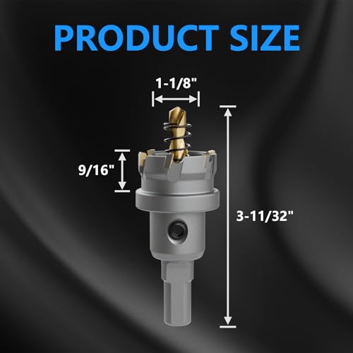 CSOOM TCT Hole Saw Set, 2-Piece 1-1/8” (29mm) Heavy Duty Carbide Tipped Cutter for Stainless Steel, Iron, Metal, and Plastic Bench, Spring Guided Drill Bits Included - size: 1-1/8"(29mm)