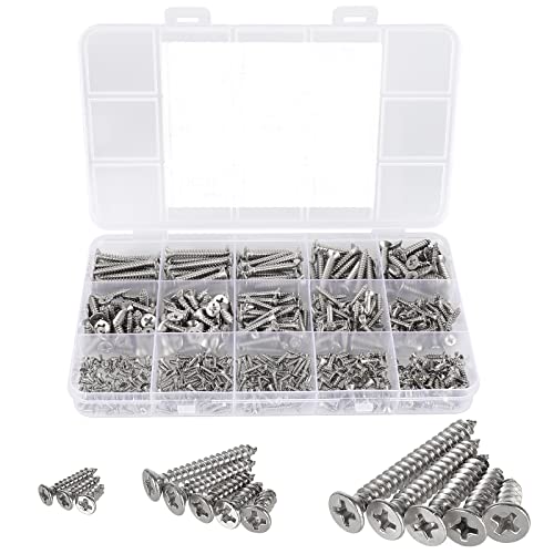 525Pcs M2 M3 M4 Phillips Flat Head Self Tapping Wood Screws, 304 Stainless Steel 13 Sizes Cross Countersunk Sheet Metal Screws Assortment for Wood, Plastic and Soft Metal. Coarse Threaded, Sharp Point