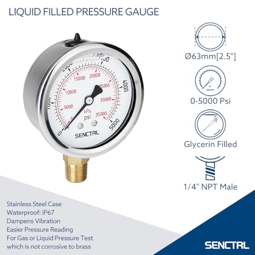 SENCTRL 5000 Psi Glycerin Liquid Filled Hydraulic High Pressure Gauge - size: 0-5000 Psi, style: Lower Mount