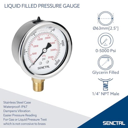 SENCTRL 5000 Psi Glycerin Liquid Filled Hydraulic High Pressure Gauge - size: 0-5000 Psi, style: Lower Mount