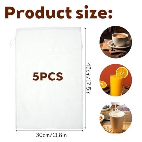 5 Pcs Nylon Brew Bags, Fine Mesh Brewing Bag Reusable Cold Brew Bags, 17.7 x 11.8 Inch Straining Bag for Beer, Wine, Cider - size: 17.7 x 11.8 Inch