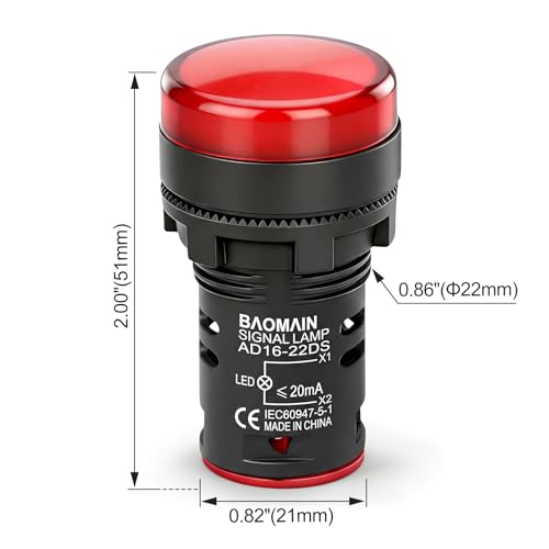 BAOMAIN 22mm LED Industrial Indicator Light,220V AC Pilot Signal Lamp for Industrial Machinery Control Circuits,7/8" Panel Mount, Screw Terminal,Red,5-Pack - color: Red