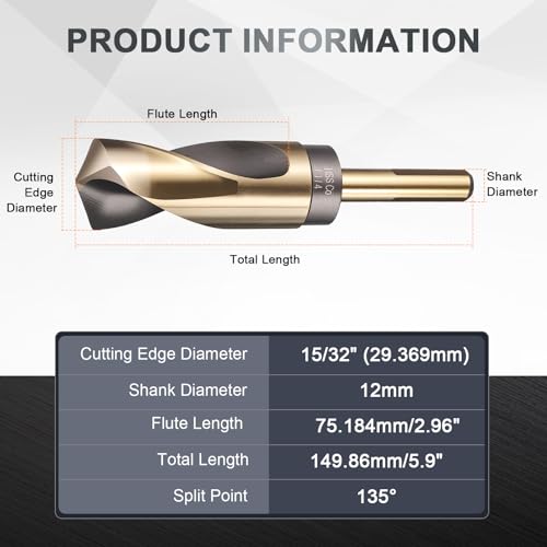 uxcell 1-5/32" Drill Bit 12mm Reduced Shank 3-Flat M35 5% Cobalt HSS - size: 1-5/32" with 12mm Shank