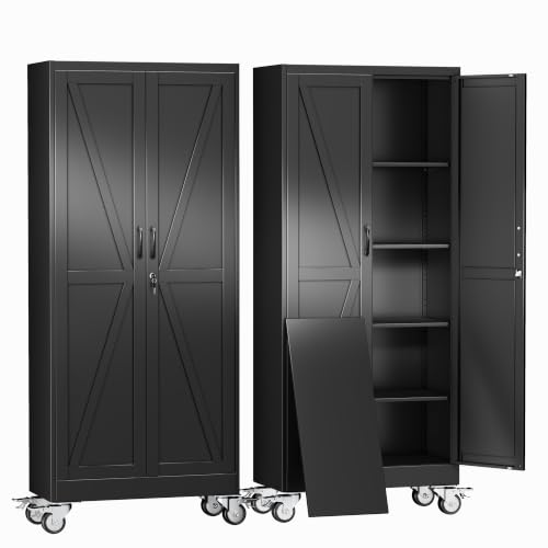 erosoe 71" H Metal Garage Storage Cabinet, Rolling Tool Cabinet with 2 Doors and Wheels, Locker Steel Cabinet with 4 Adjustable Shelves, Organization Cabinet for Garage,Office,Home,Gym,School-Black - color: Black, size: 71" CasLck-M