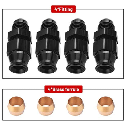 6AN Male Flare to 3/8" Fuel Hardline Tube Fitting, 3/8 Inch OD Tube to AN6 Compression Adapter Straight Connector Aluminum Black 4PCS