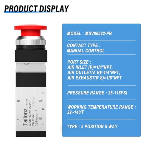 TAILONZ PNEUMATIC 1/4”NPT Automatic reset type Push Button 5 Way 2 Position Pneumatic Control Mechanical Valve - size: 5 Way 2 Position