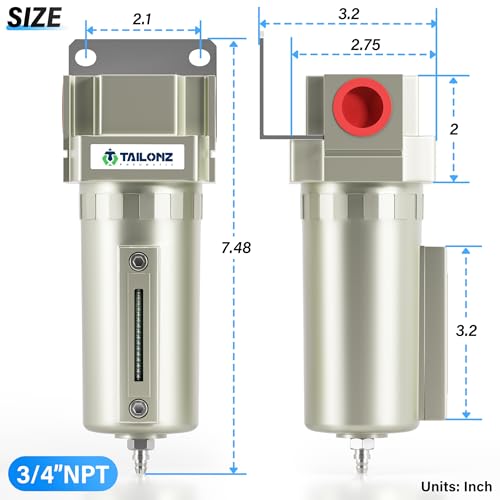 TAILONZ PNEUMATIC 3/4" NPT Industrial Grade Heavy Duty Particulate Air Filter with Metal Bowl - Paint Spray Compatible, Manual Drainage System - color: Single Stage, size: 3/4" NPT/Munual Drainage